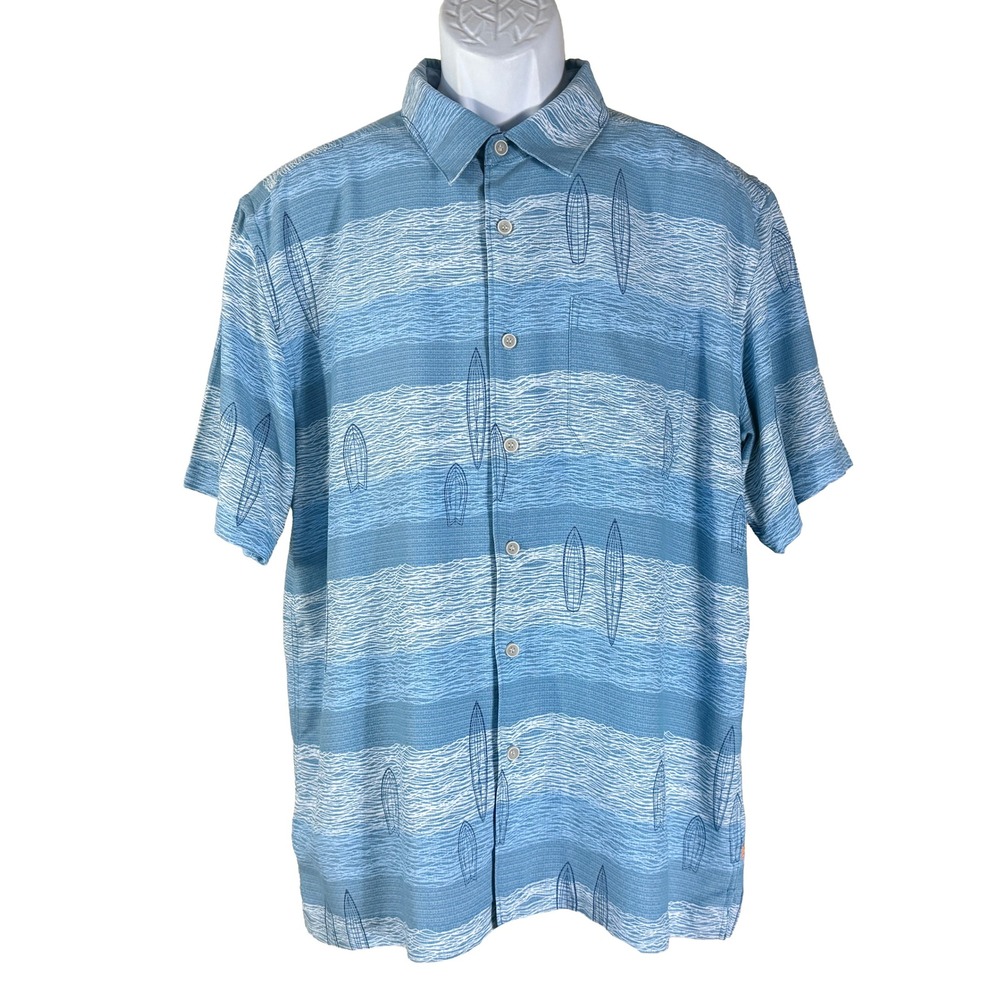 Quiksilver Button Up Shirt Mens Large Blue Surfboard Wave Stripe AQMWT03055